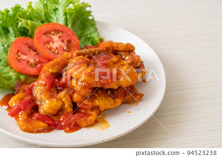 Fried fish topped with 3 flavors chili sauce 94523238