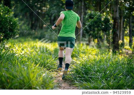 Woman trail runner running at tropical forest mountain peak Woman trail runner running at tropical forest mountain peak 94523959