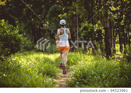 Trail runner running in summer forest trail Trail runner running in summer forest trail 94523961