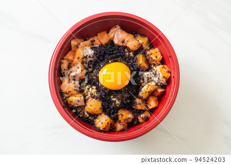 Japanese Rice with Fresh Salmon Raw, Tobiko and Egg (Salmon Don) 94524203