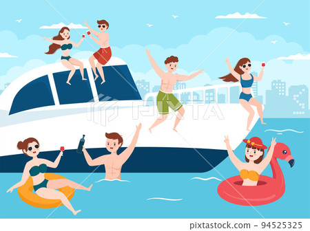 Yachts Template Hand Drawn Cartoon Flat Illustration with People Dancing, Sunbathing, Drinking Cocktails and Relaxing on Cruise Yacht at Ocean Yachts Template Hand Drawn Cartoon Flat Illustration with People Dancing, Sunbathing, Drinking Cocktails and Relaxing on Cruise Yacht at Ocean 94525325