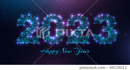Happy new year 2023 greeting card. Low poly style design. Numbers from a polygonal wireframe mesh. Abstract vector illustration on dark background. 94526011