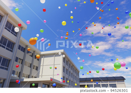Countless balloons flying in the blue sky and school building / Image of cultural festival, school festival, autumn event, youth and nostalgia 94526301