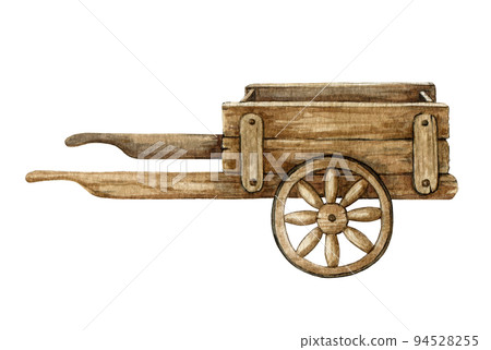 Wooden wheel cart watercolor illustration. Hand drawn barrow farm and garden equipment. Vintage style wooden wheel cart element on white background Wooden wheel cart watercolor illustration. Hand drawn barrow farm and garden equipment. Vintage style wooden wheel cart element on white background 94528255
