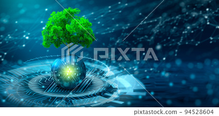 Tree growing on Circuit digital ball. Digital and Technology Convergence. Blue light and Wireframe network background. Green Computing, Green Technology, Green IT, csr, and IT ethics Concept. Tree growing on Circuit digital ball. Digital and Technology Convergence. Blue light and Wireframe network background. Green Computing, Green Technology, Green IT, csr, and IT ethics Concept. 94528604
