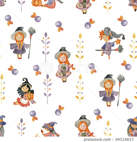 Halloween seamless pattern with cute witches, pumpkins, fly agaric, bats in cartoon style. Witches, ghosts, trick or treat, pumpkins Halloween background. Watercolor illustration. 94528657