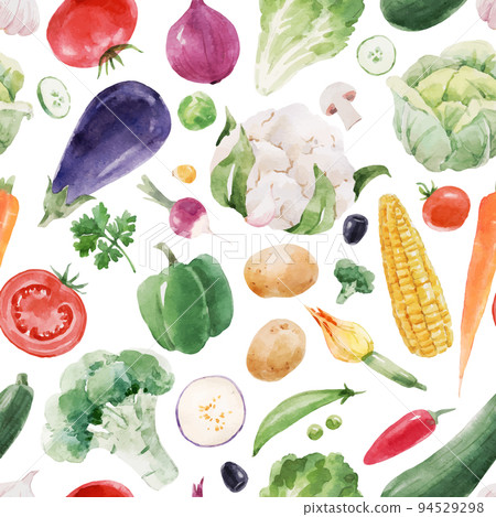 Beautiful vector seamless pattern with hand drawn watercolor healthy vegetable food. Eggplant cabbage corn broccoli zucchini lettuce papper potato illustrations 94529298