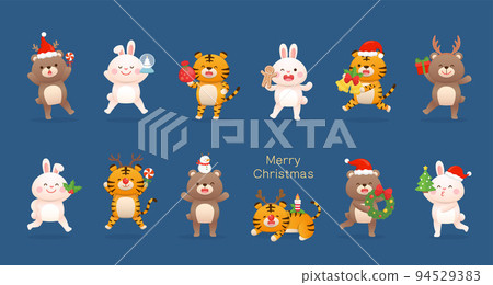 一組可愛的熊與兔與老虎角色吉祥物與聖誕節元素與裝扮,開心慶祝,向量卡通風格 一組可愛的熊與兔與老虎角色吉祥物與聖誕節元素與裝扮,開心慶祝,向量卡通風格 94529383