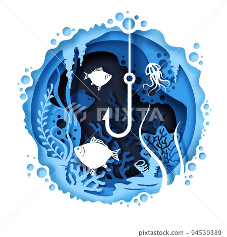 Sea fishing paper cut vector craft poster Sea fishing paper cut vector craft poster 94530389