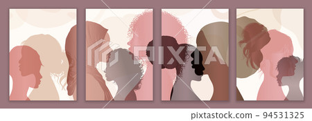 Communication group of multicultural diversity women and girls face silhouette profile. Female social network community of diverse culture. Business woman. Set template poster. Friendship 94531325