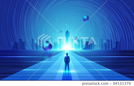 Businessman facing towards future city futuristic technology space background Businessman facing towards future city futuristic technology space background 94531379