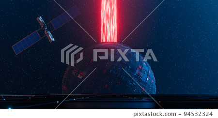 3d rendering concept space illustration. Metal planet with red light pillar and orbiting by satellite. Sci fi scene background. 3d rendering concept space illustration. Metal planet with red light pillar and orbiting by satellite. Sci fi scene background. 94532324