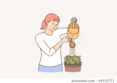 Smiling woman watering houseplant Smiling woman watering houseplant 94532771