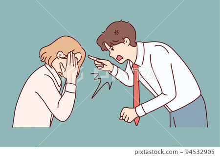 Furious businessman scolding stressed female employee  94532905