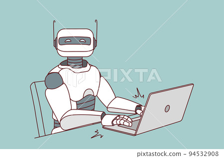Robot working on laptop at desk  94532908