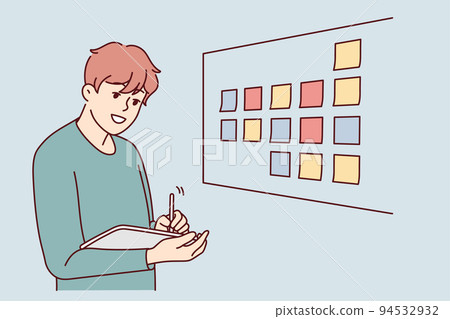 Male employee brainstorm near board in office Male employee brainstorm near board in office 94532932