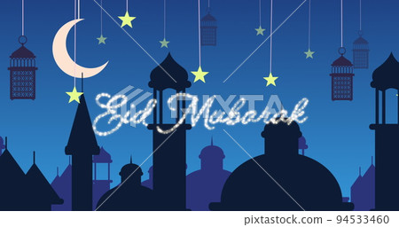 Glittery Eid Mubarak greeting with mosques and lanterns with moon and stars Glittery Eid Mubarak greeting with mosques and lanterns with moon and stars 94533460