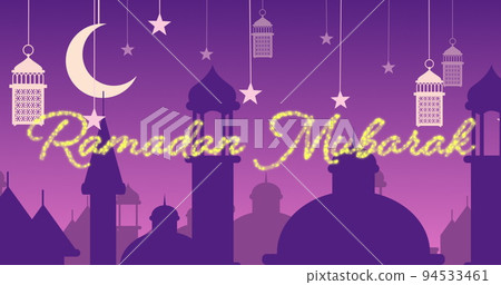 Glittery Ramadan Mubarak greeting with mosques and lanterns with moon and stars Glittery Ramadan Mubarak greeting with mosques and lanterns with moon and stars 94533461