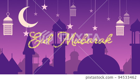 Glittery Eid Mubarak greeting with mosques and lanterns with moon and stars Glittery Eid Mubarak greeting with mosques and lanterns with moon and stars 94533462