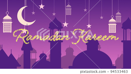 Glittery Ramadan Kareem greeting with mosques and lanterns with moon and stars Glittery Ramadan Kareem greeting with mosques and lanterns with moon and stars 94533463