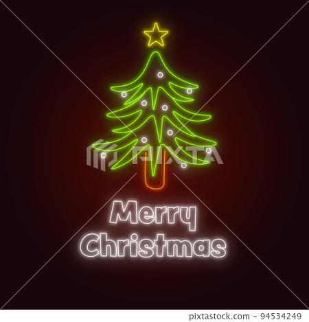 Composition of neon merry christmas text and christmas tree on black background 94534249
