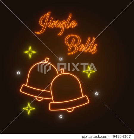 Composition of neon jingle bells text, christmas stars and bells on black background 94534367