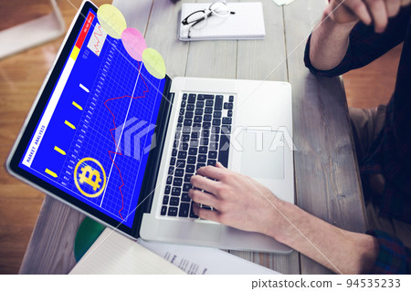 Hands of caucasian businessman sitting at desk using laptop with statistical data on screen Hands of caucasian businessman sitting at desk using laptop with statistical data on screen 94535233