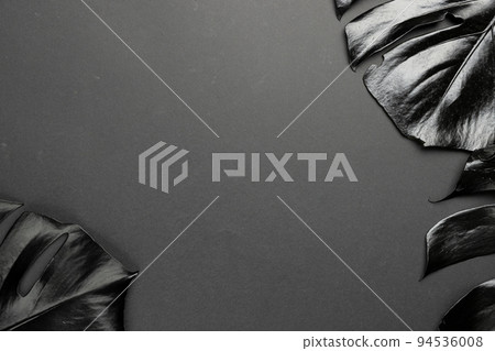 Composition of black lush leaves with copy space on gray background Composition of black lush leaves with copy space on gray background 94536008