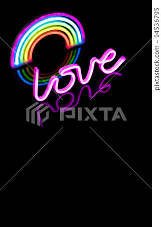 Image of vibrant neon love text and glow sticks forming rainbow over black background and copy space Image of vibrant neon love text and glow sticks forming rainbow over black background and copy space 94536795