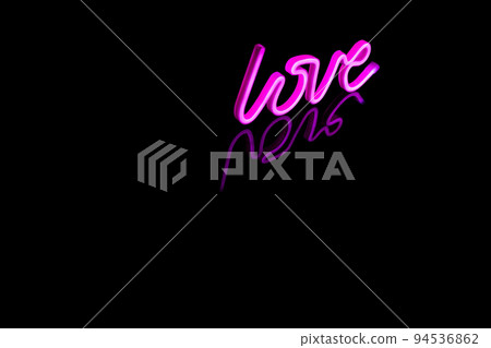 Image of vibrant neon love text formed with pink glow sticks over black background and copy space 94536862