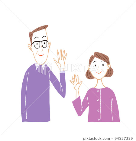 兩個老夫婦的高級家庭揮手致意敬老日插圖素材 94537359
