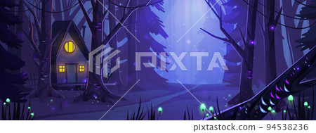 Witch house in dark wood with glowing mushrooms Witch house in dark wood with glowing mushrooms 94538236