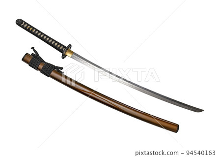 Japanese sword with black cord, steel fitting and shiny brown gold scabbard on white background. Selective focus. 94540163