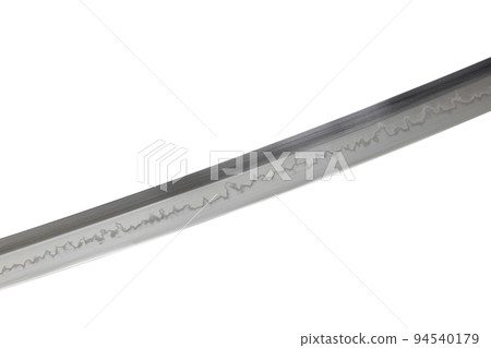 Japanese sword blade on white background. Soft focus. The wavy pattern on the blade edge is a line of hardness that a blacksmith makes so that the blade doesn't break. Choji Hamon style. Japanese sword blade on white background. Soft focus. The wavy pattern on the blade edge is a line of hardness that a blacksmith makes so that the blade doesn't break. Choji Hamon style. 94540179