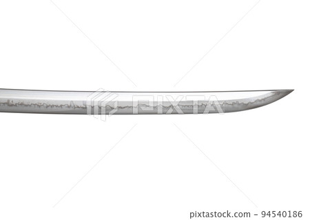 Japanese sword blade (made in China) on white background. Soft focus. The wavy pattern on the blade edge is a line of hardness that a blacksmith makes so that the blade doesn't break. Japanese sword blade (made in China) on white background. Soft focus. The wavy pattern on the blade edge is a line of hardness that a blacksmith makes so that the blade doesn't break. 94540186