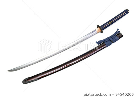 Japanese sword with navy blue cord steel fitting and shiny crimson red scabbard on white background. Selective focus. Japanese sword with navy blue cord steel fitting and shiny crimson red scabbard on white background. Selective focus. 94540206