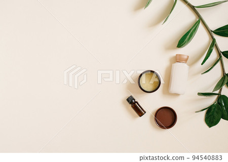 Set of natural organic SPA cosmetics on a light beige background. The view from the top herbal cosmetics for skin care. . Flat lay minimalist style. Layout for an eco-store or beauty salon 94540883
