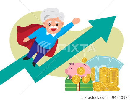 Pension income, profit, family budget Retirement concept, male characters, senior, save money, earn profit, pile coins and banknotes, vector Pension income, profit, family budget Retirement concept, male characters, senior, save money, earn profit, pile coins and banknotes, vector 94540983