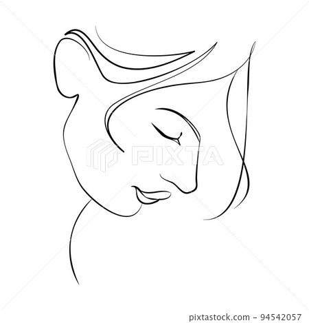 One continuous line hand drawn vector art with beautiful woman face in elegant curve. Black isolated on white background. Modern simplistic design for fashion, wall art, print, tattoo, cover, card. One continuous line hand drawn vector art with beautiful woman face in elegant curve. Black isolated on white background. Modern simplistic design for fashion, wall art, print, tattoo, cover, card. 94542057