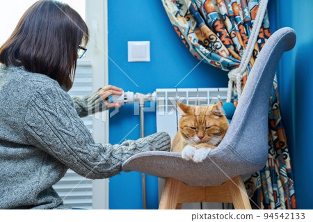 Cat lying on chair near heating radiator, woman regulating temperature 94542133