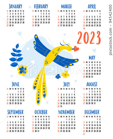 Yearly calendar for 2023 with decorative yellow and blue good luck bird with heart and flowers. Vector illustration. Vertical template for 12 months in English. week starts on Sunday. Stationery. Yearly calendar for 2023 with decorative yellow and blue good luck bird with heart and flowers. Vector illustration. Vertical template for 12 months in English. week starts on Sunday. Stationery. 94542400