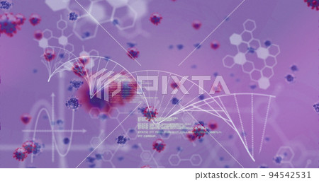 Image of dna rotating amides coronavirus with data, hexagons on digital interface 94542531