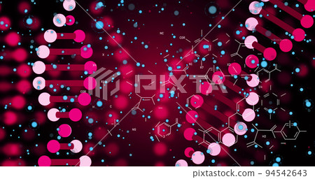 Image of pink 3d dna rotating with molecules and blue particles on digital interface 94542643