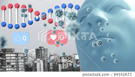 Image of virus cells and dna over human face model, social media reactions and cityscape Image of virus cells and dna over human face model, social media reactions and cityscape 94542672