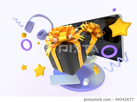 Online shopping, presents or bonuses cartoon banner. Computer with flying gift boxes, headphones, gold stars, purple rings, spirals and spheres on white background, angle view render Online shopping, presents or bonuses cartoon banner. Computer with flying gift boxes, headphones, gold stars, purple rings, spirals and spheres on white background, angle view render 94542677