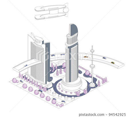 Streetscape illustration that can be combined into a large futuristic city if combined like blocks Variations available 94542925