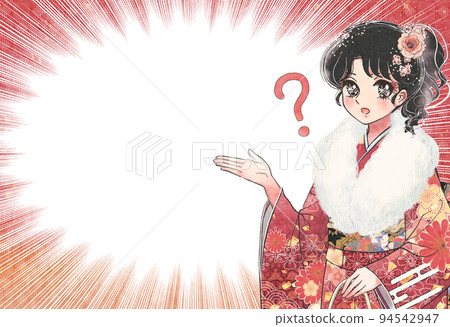 Coming-of-age ceremony Q&A, illustration eye-catching of a hatachi woman who guides wearing a kimono 94542947