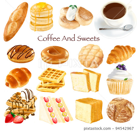 咖啡店-插圖集麵包和咖啡糖果-手繪材料 94542967