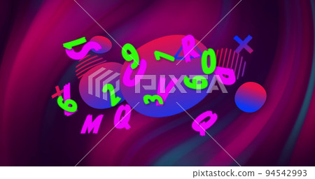 Image of text huge sale, with colourful letters and numbers, over swirling dark pink and blue 94542993