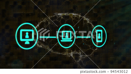 Image of connected digital communication media icons and rotating brain on black 94543012